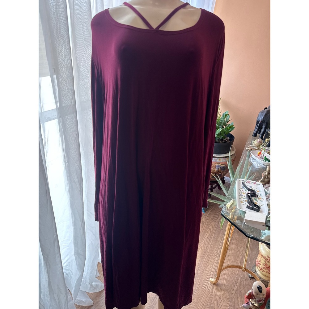 Boutique Burgundy Long Sleeve Crisscross Neck Flowy T-Shirt Dress 5X